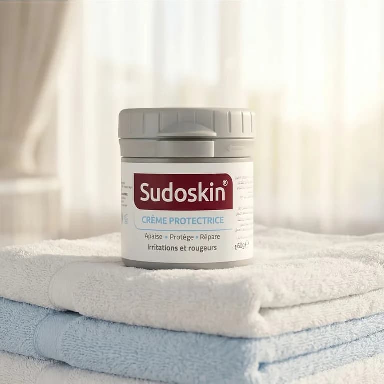 Pot de crème protectrice Sudoskin 60 g posé sur des serviettes