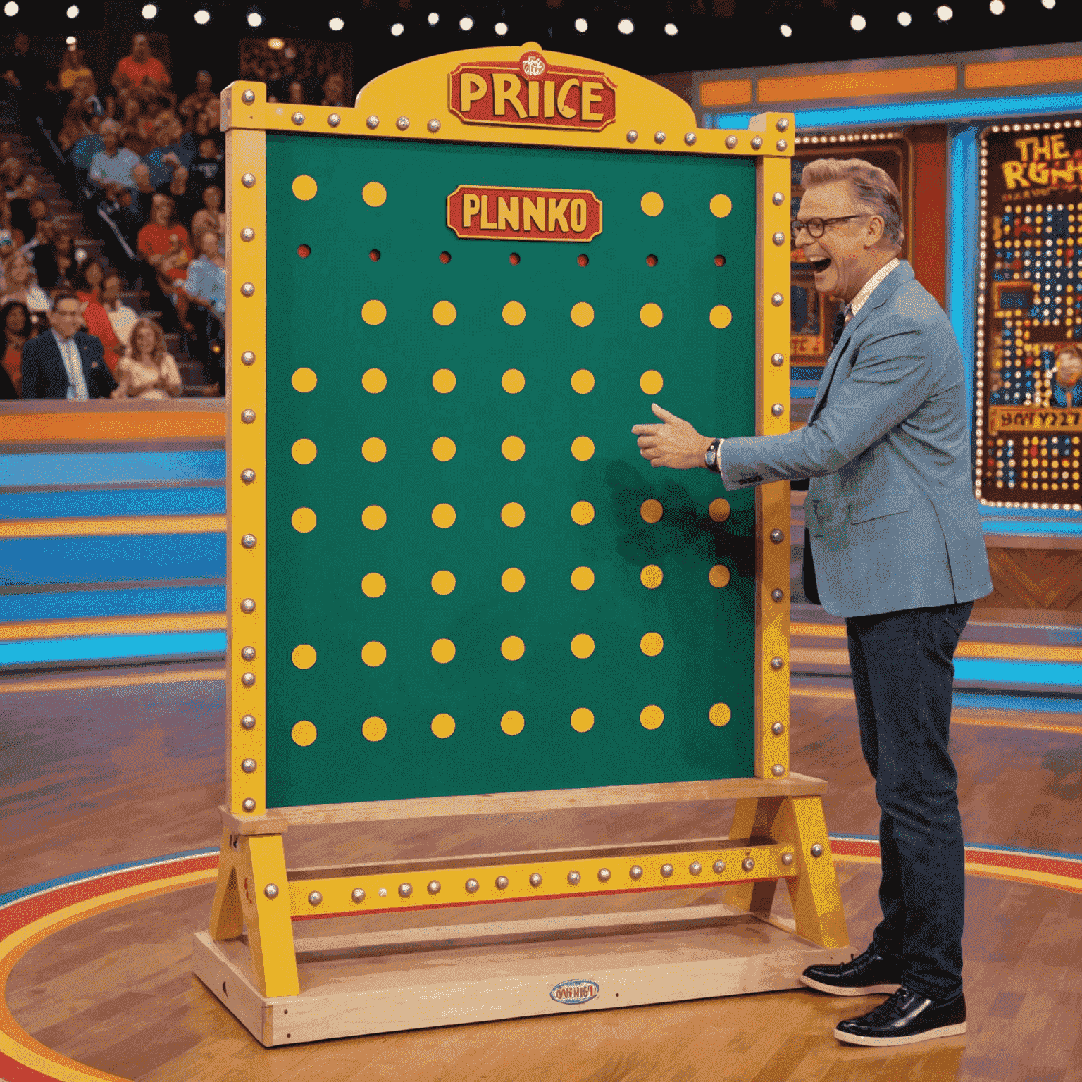 Ein Bild des ursprünglichen Plinko-Boards aus der Sendung 'Der Preis ist heiß'. Es zeigt ein großes, vertikales Brett mit Stiften und Schlitzen am unteren Rand. Ein Kandidat steht daneben, bereit, eine Scheibe fallen zu lassen.