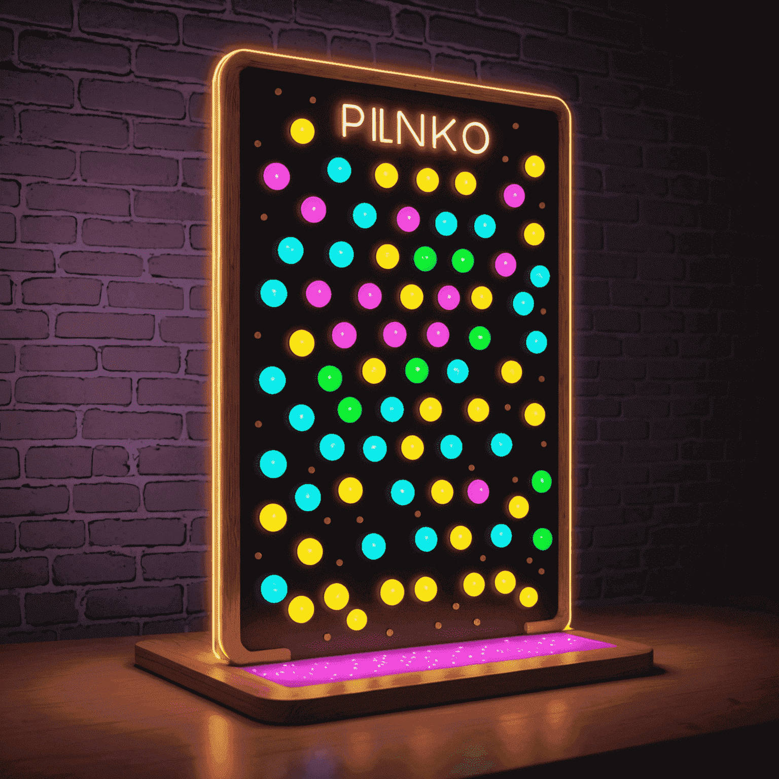 Ein Plinko-Brett mit leuchtenden Neonpins und einer fallenden Scheibe, die verschiedene mögliche Wege visualisiert