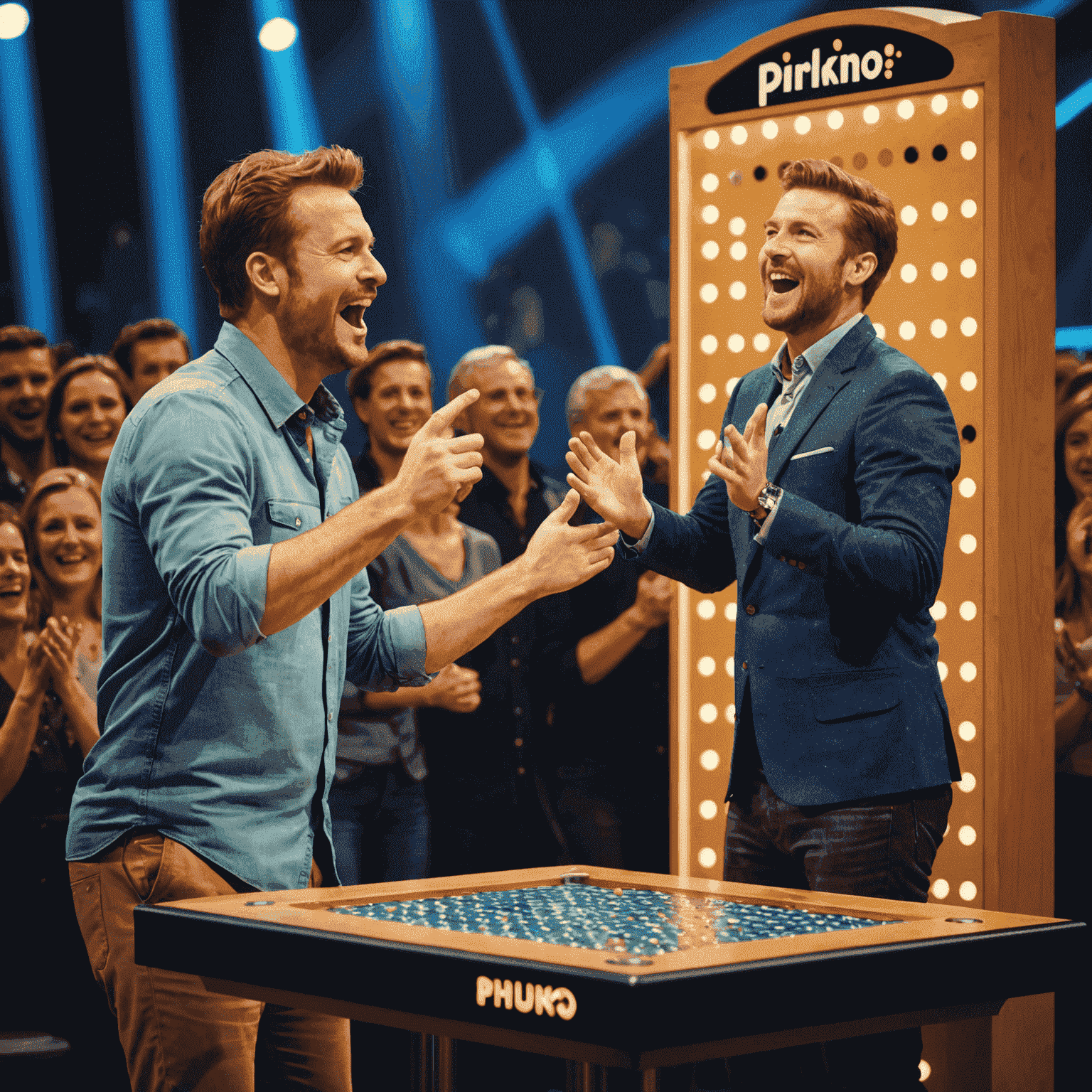 Ein aufgeregter Kandidat spielt Plinko in einer deutschen Fernsehshow. Die Bühne ist hell erleuchtet, und das Publikum jubelt im Hintergrund.