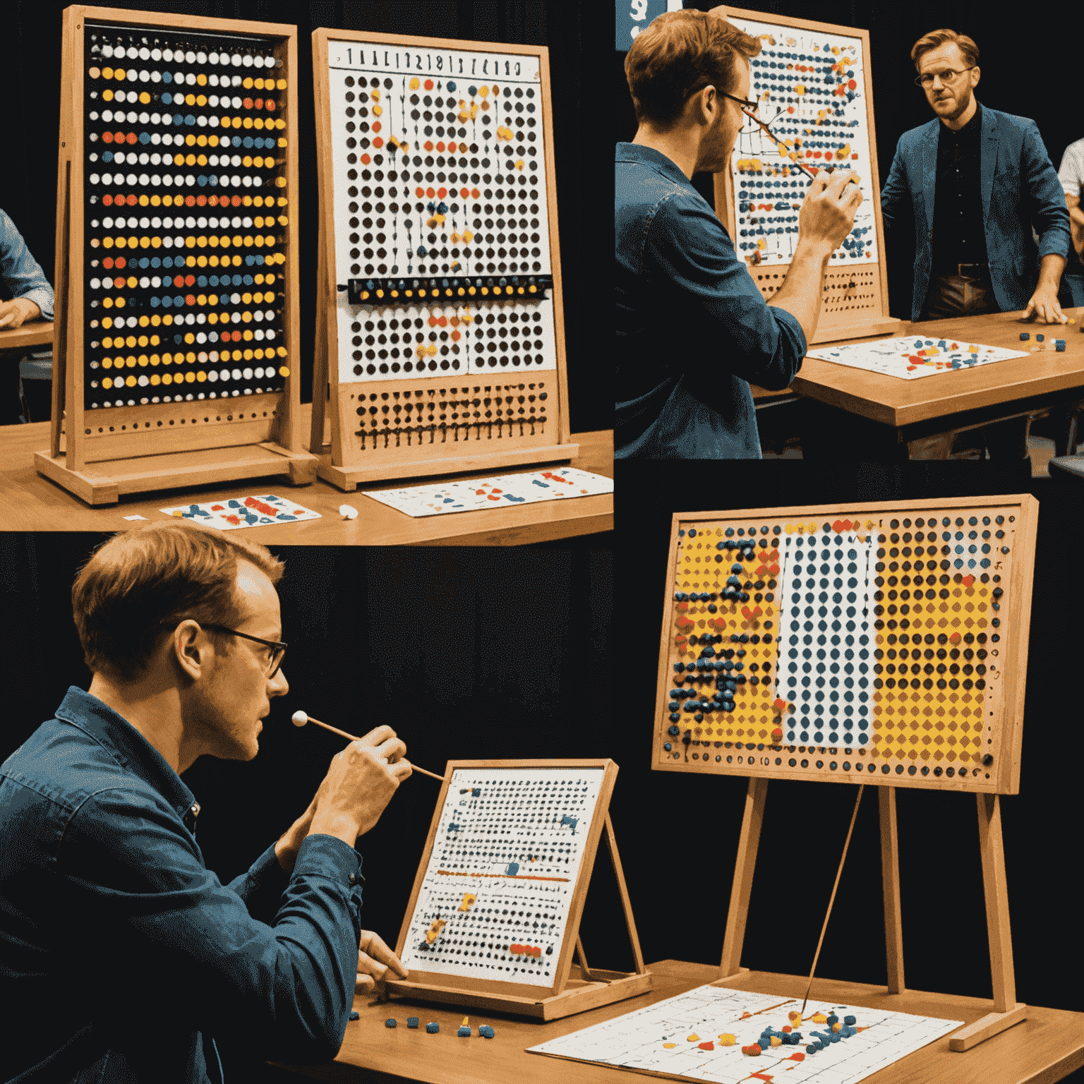 Eine Collage von Plinko-Spielern, die verschiedene Techniken anwenden, neben Diagrammen und Statistiken, die die Wahrscheinlichkeiten und möglichen Strategien visualisieren.