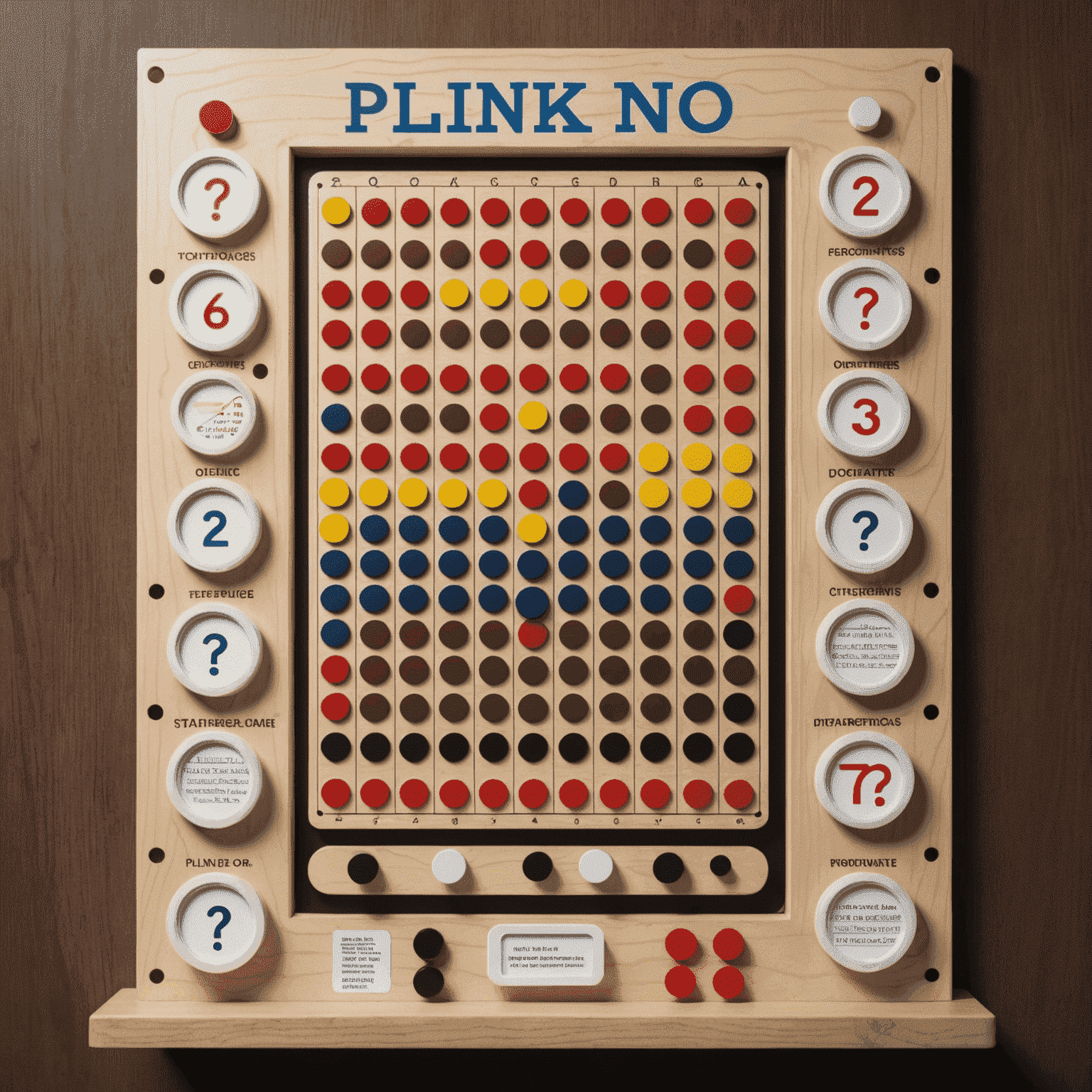 Ein Diagramm, das verschiedene Plinko-Spielzüge und deren statistische Wahrscheinlichkeiten zeigt, umgeben von Fragezeichen, um die Ungewissheit der Strategien darzustellen.