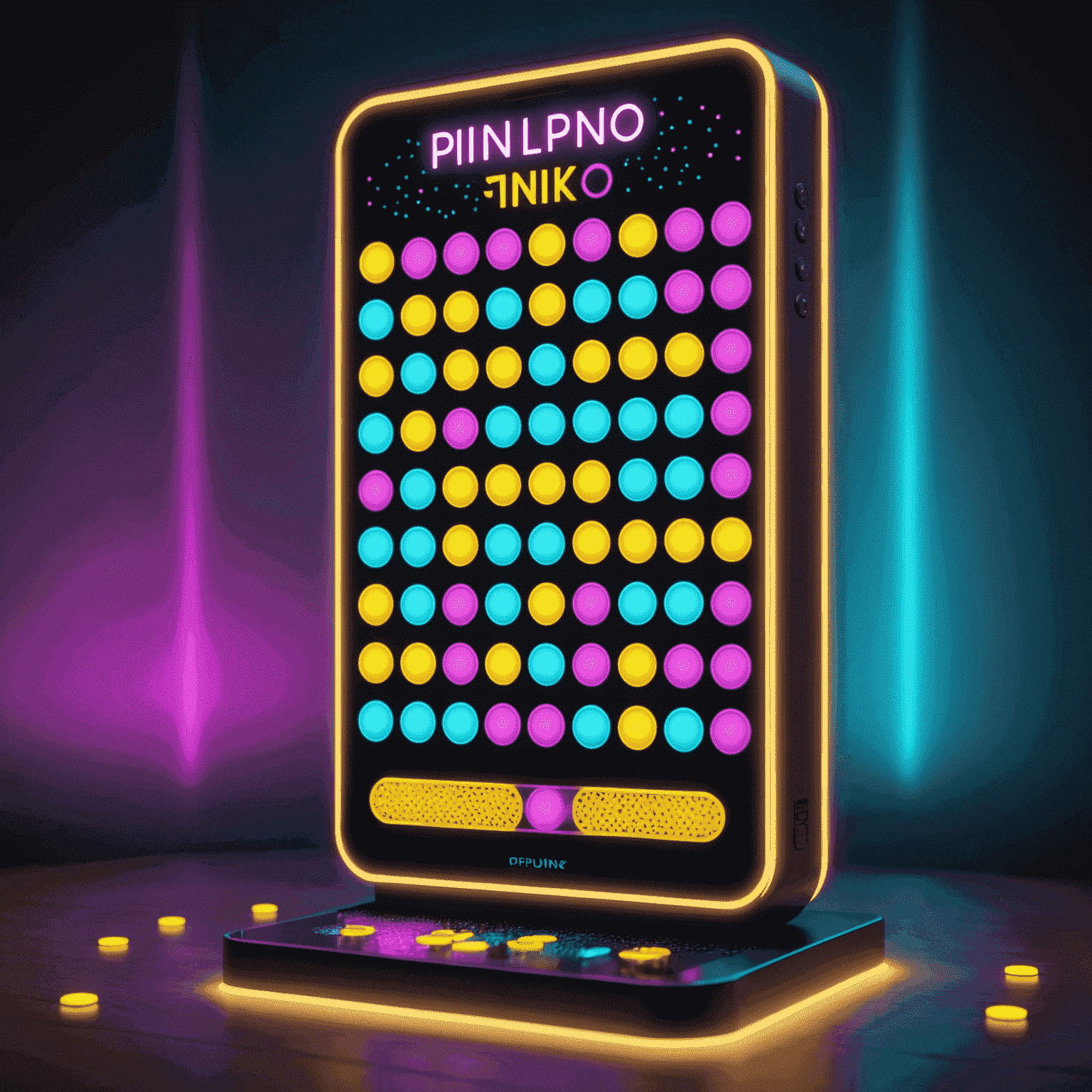 Ein Smartphone, das eine moderne Plinko-App zeigt. Das digitale Spielbrett leuchtet in Neonfarben, und animierte Scheiben fallen durch das virtuelle Spielfeld.