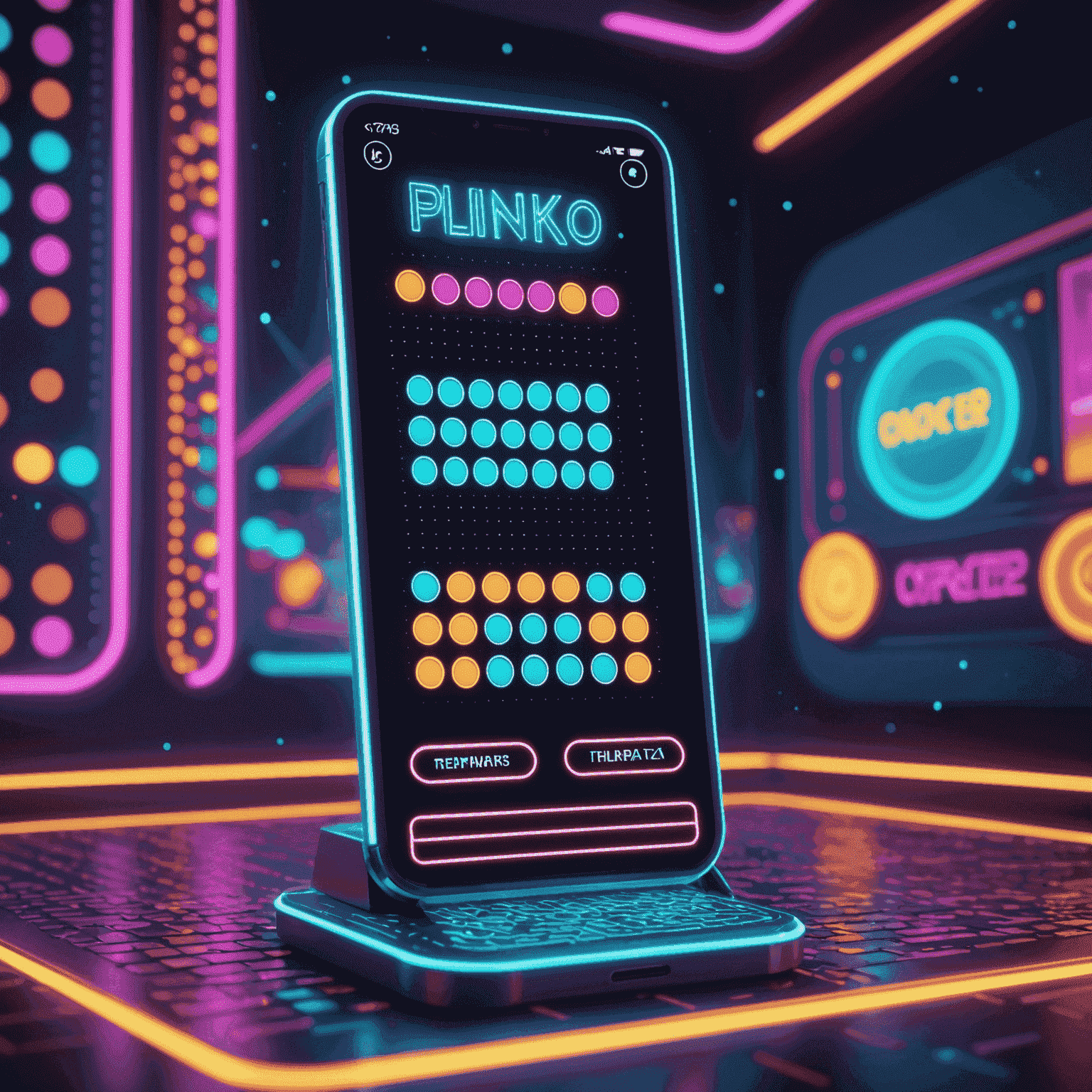 Screenshot eines futuristischen Plinko-Videospiels auf einem Smartphone. Neonfarben und lebendige Grafiken dominieren den Bildschirm, während eine virtuelle Münze durch das Brett fällt.